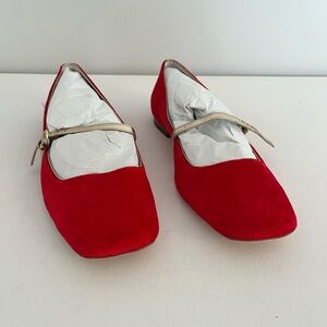 Frances Valentine Jude Red Velveteen Flats with Gold Strap